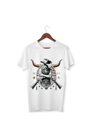 Alpşan Ticaret Kovboy Baskılı Tişört Çocuk Tişört Kovboy Unisex Yetişkin Tişört Beyaz