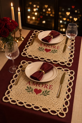 Home İnn Amore Nakışlı Doğal Hasır Amerikan Servisi 2 Li Set Sevgililer Günü Özel Natural
