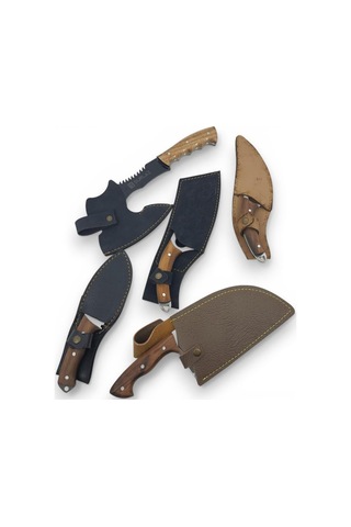 Surlaz Bıçak Seti, Ahşap Saplı Paslanmaz Çelik, Deri Kılıflı, 5'li Set, Mutfak Ve Outdoor Kullanımı, Kamp Bı
