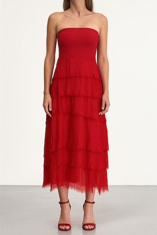 İtalyan 2 Beden Ince Gösteren Kat Kat Ipek Etek & Straplez Elbise Kırmızı