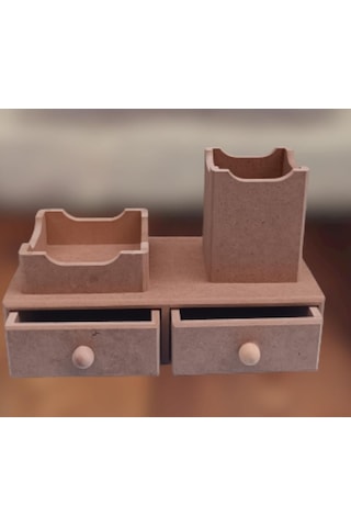 Hobi Dekoratif Kalemlik Set İkili Model Ham Mdf Ahşap Çekmece El Yapımı