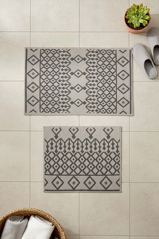 Gri Etnik Desen 2 Li Banyo & Klozet Paspas Takımı