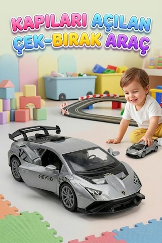 Çek-bırak Mekanizmalı 12cm Süper Sport Model Kapıları Açılabilir Metal Oyuncak Yarış Arabası Gri
