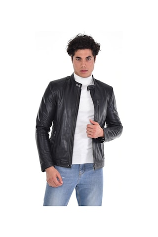 Hakiki Deri Siyah Erkek Deri Mont Hakim Yaka Çift Fermuarlı Üç Cepli Deri Ceket Siyah