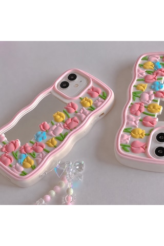 İphone 11 Uyumlu - Aynalı Ve Lale Desenli Yumuşacık Hamur, Boncuk Bileklik Kılıf Pembe