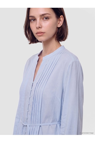 Lcw Modest Mavi Pileli Kuşaklı Oversize Kadın Gömlek Tunik