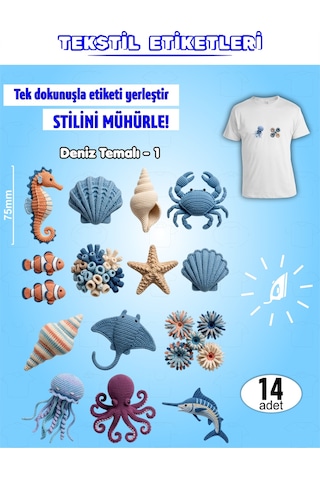 Ütü İle Yapışan Kıyafet Etiketi Deniz Temalı -1 14lü Set Karışık