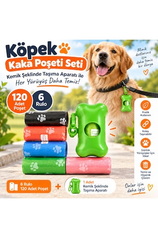 Köpek Kaka Poşeti Seti 120 Adet 6 Rulo + Kemik Şeklinde Taşıma Aparatı