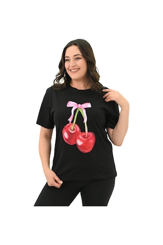 Kadın Büyük Beden Kiraz Baskılı T-shirt 1785-24 001