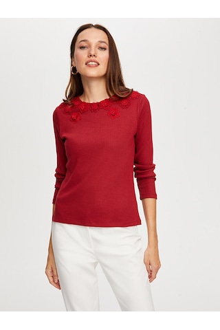 Dantel Çiçek Aplikeli Yuvarlak Yaka Kaşkorse Tshirt W26tsh070 Uw26tsh07040 Bordo