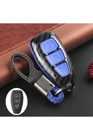 Kangvka Ford Fiesta, Focus, Kuga, C-max Uyumlu 3 Tuşlu Silikon Anahtar Kılıfı - Karbon Fiber Desenli Kırmızı Anahtar Kılıfı Ve Anahtar Zinciri