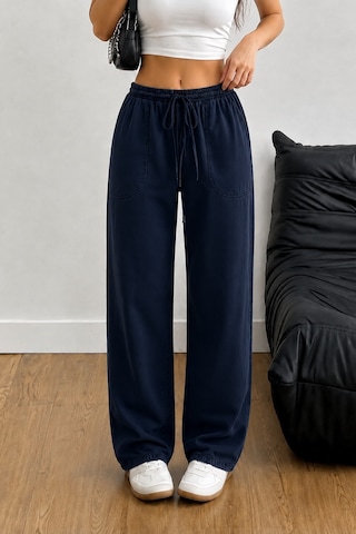 Tarz Cool Kadın Keten Karışımlı Regular Fit Beli Lastikli Bağcıklı Yüksek Bel Günlük Pantolon Lacivert