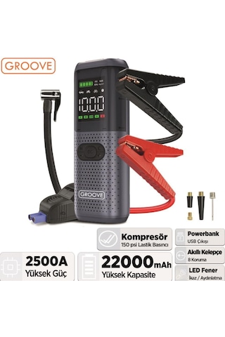Groove Hcb002 22000mAh 2500A Akü Takviye Cihazı + Lastik Şişirme Kompresörlü Taşınabilir Jump Starter Kompresör+Powerbank+led Lamba+Lcd Ekran