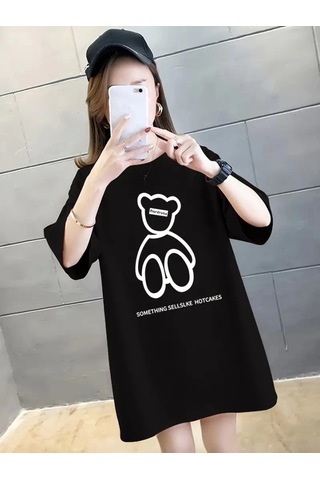 Sidelya Concept Baskılı Oversize Bisiklet Yaka T-shirt - Siyah Siyah
