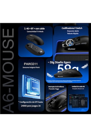 Freewolf A6 Kablosuz Oyuncu Mouse Paw3311 1000 Hz 24000 Dpı Profesyonel Bluetooth Üç Modlu Bağlantı Diğer