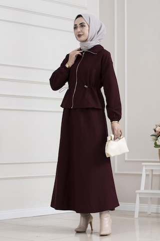 Sevitli Beli Tünelli Fermuarlı Etekli Takım-bordo-5627 Bordo