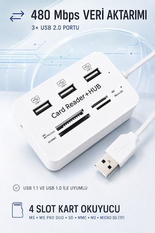 Usb 2.0 Çoklayıcı Hub 3 Port 4 Slot Kart Okuyucu Sd Micro Sd Mmc Ms 480 Mbps Tak Çalıştır Beyaz Abs