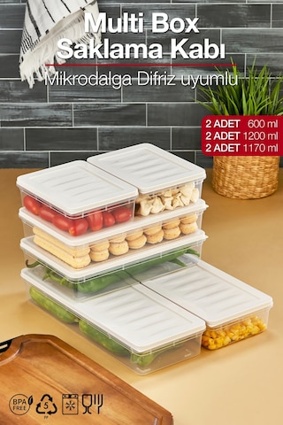 Multi Box 6 Parça 3 Farklı Boy Saklama Kabı Seti - Dondurucu & Mikrodalga Uyumlu Krem