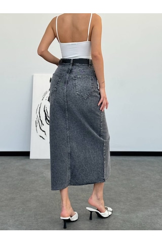 Herton Kadın Yüksek Bel Yırtmaçlı Uzun Kot Etek %100 Pamuk Füme Denim Çok Renkli