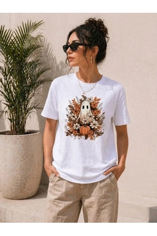 Efnaz Style Balkabağı Hayalet Baskılı Tişört Kısa Kol Yazlık T-shirt - Beyaz