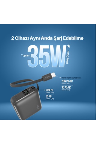 Recharger Mini Lcd 10.000mah Pd 35w Usb-c Dahili Kablolu Taşınabilir Hızlı Şarj Aleti/powerbank Gri
