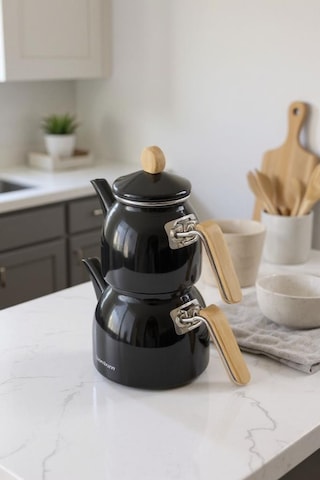 Sultan - Bambu Kulplu Çaydanlık Takımı Siyah Siyah