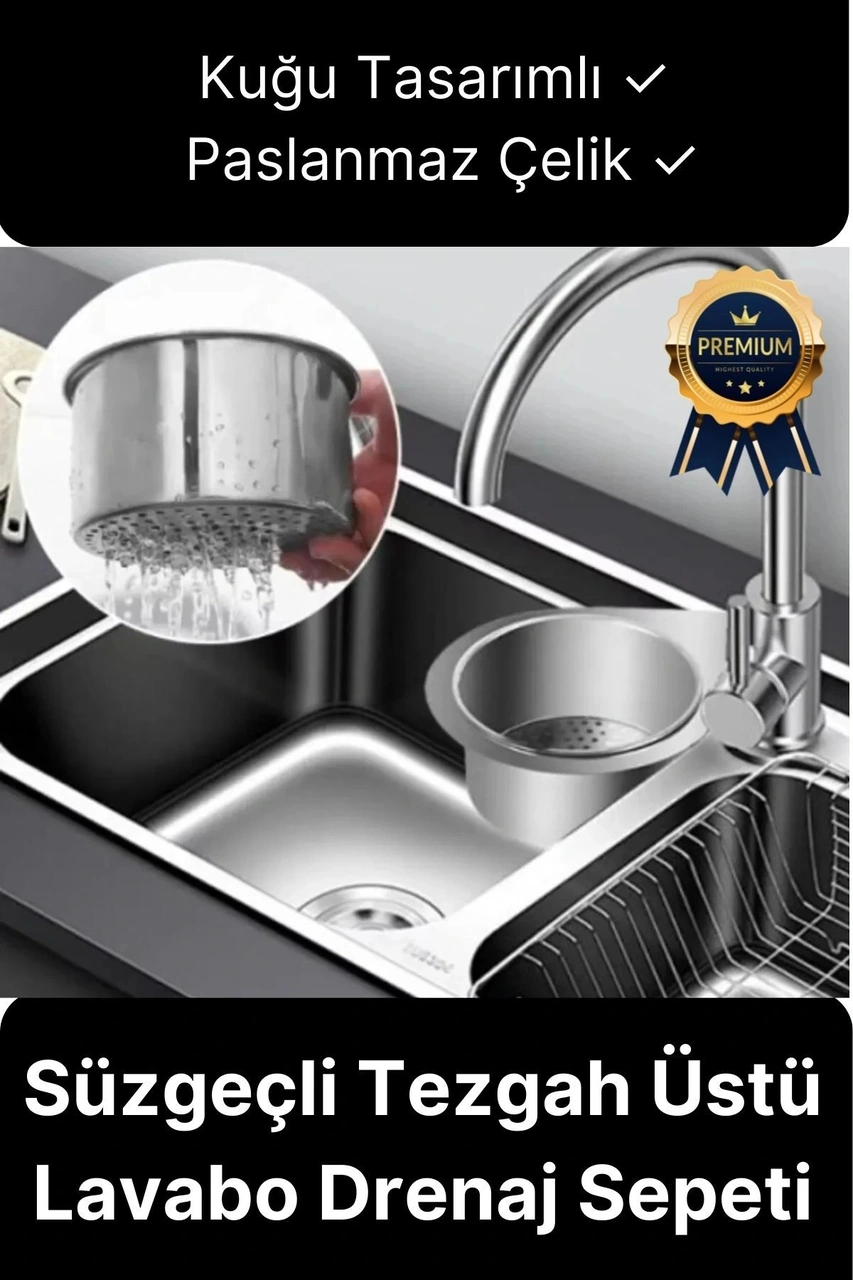 Premium Modern Paslanmaz Çelik Kuğu Tasarımlı Süzgeçli Asılabilen Tezgah Üstü Lavabo Drenaj Sepeti Standart