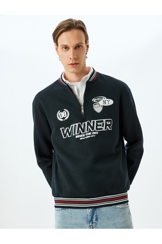 Koton Şardonlu Pamuk Karışımlı Slogan Baskılı Yarım Fermuarlı Sweatshirt Lacivert 5wam70180mk Lacivert
