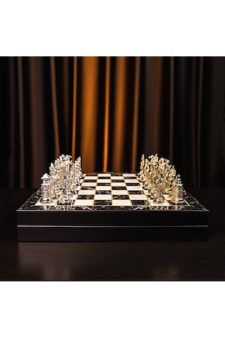 Gifthome Büyük Boy Metal Osmanlı-bizans Satranç Tk. Parlak Ve Mermer Desenli Sandıklı Mdf Tahtası 36x36 Cm.