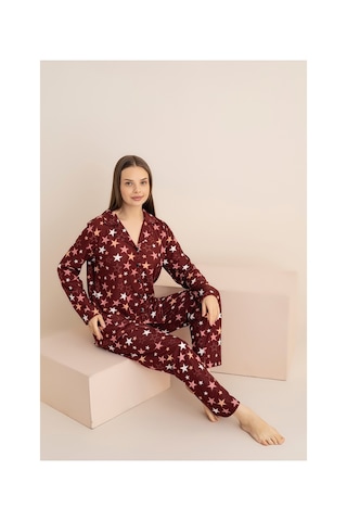 Rindahomewear Kadın Bordo Yıldız Desenli Yumuşak Dokulu Süet Düğmeli Pijama Takımı Bordo