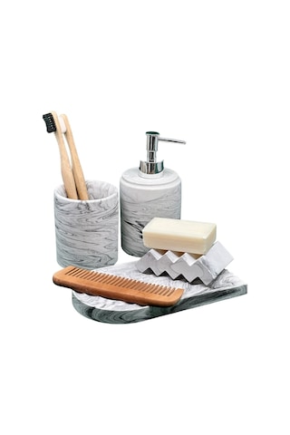Betonmall 4 Parça Mermer Desenli Beton Banyo Seti Katı Ve Sıvı Sabunluk Diş Fırçalık Sunum Tepsisi Siyah Beyaz Siyah - Beyaz