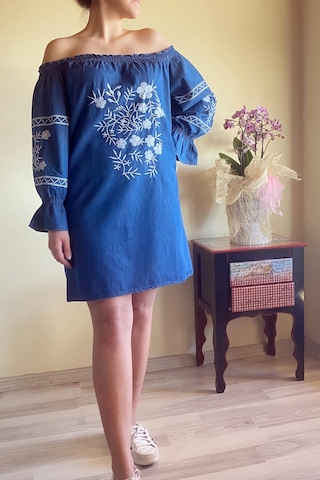 Mia Butik Kadın Mavi Nakış İşleme İnce Kot Elbise-252 Mavi