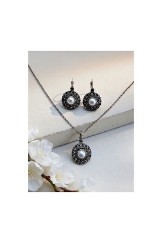Kristal Taşlı Yuvarlak İnci Kolye Ve İnci Küpe Seti Beyaz 42832057