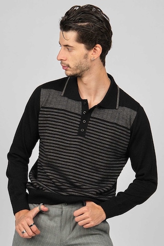 Desen Triko Erkek Desenli Polo Yaka Yün Kazak 0249642 Siyah
