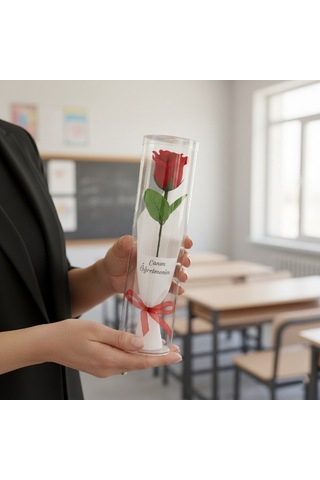 Delux Serisi Hediye Vitrin Süs Şeffaf Silindir Kutulu Gül - Öğretmenler Günü Hediyesi Çok Renkli