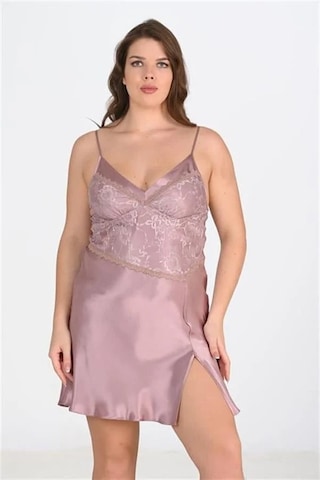 Ang Butik Kadın Premium Büyük Beden Saten Dantel İşlemeli Vizon 2'li Gecelik Sabahlık Takımı Bigsize