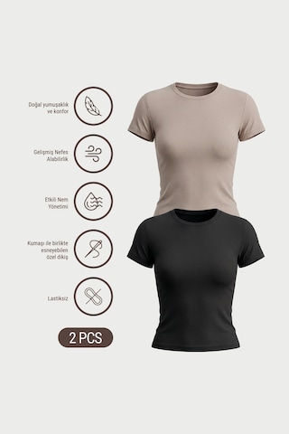 Auw Kadın Bisiklet Yaka Pamuklu Modal T-shirt 2'li - Softfit Taş - Siyah