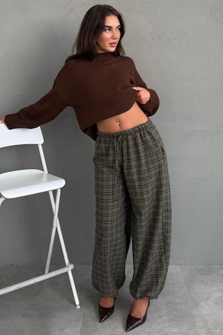 Madmext Haki Ekose Desenli Beli Lastikli Balon Pantolon Mg2905