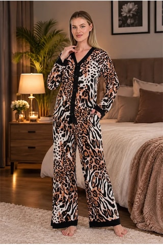 Go İthalat Şık Tasarım Viskon Leopar Desenli Önden Düğmeli Uzun Kollu Kadın Pijama Takımı