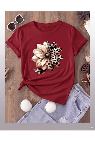 Nature & Wild Leopar Çiçek Baskılı T-shirt Kırmızı
