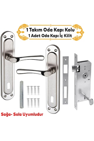 Kumru Nikel Saten Oda Kapı Kolu + Hok Er-40 Ekstra Gömme Kilit İç Kapı Oda Kilidi Rulmanlı Köşeli 40 Mm Takım