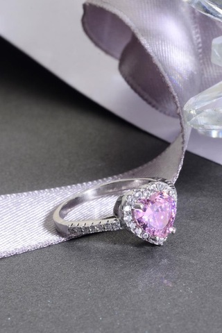 925 Ayar Gümüş Pembe Taşlı Kalp Yüzük Gümüş
