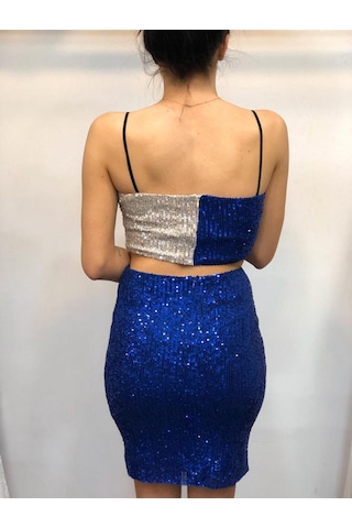 Sertac Boutique Mermaid - Askılı Pullu Saks Mavisi Takım