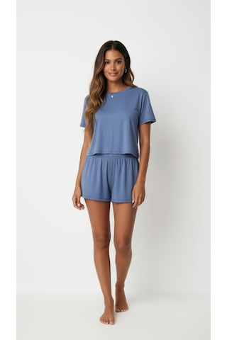 Merlot T-shirt Şort Örme Pijama Takımı Mavi