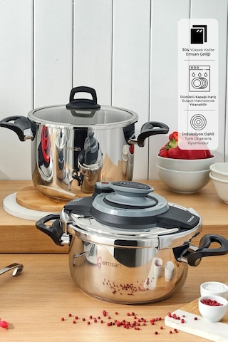 Emsan Montana 2'li 4+6 Litre İndüksiyon Tabanlı Düdüklü Tencere Seti Siyah Gri Gri - Siyah