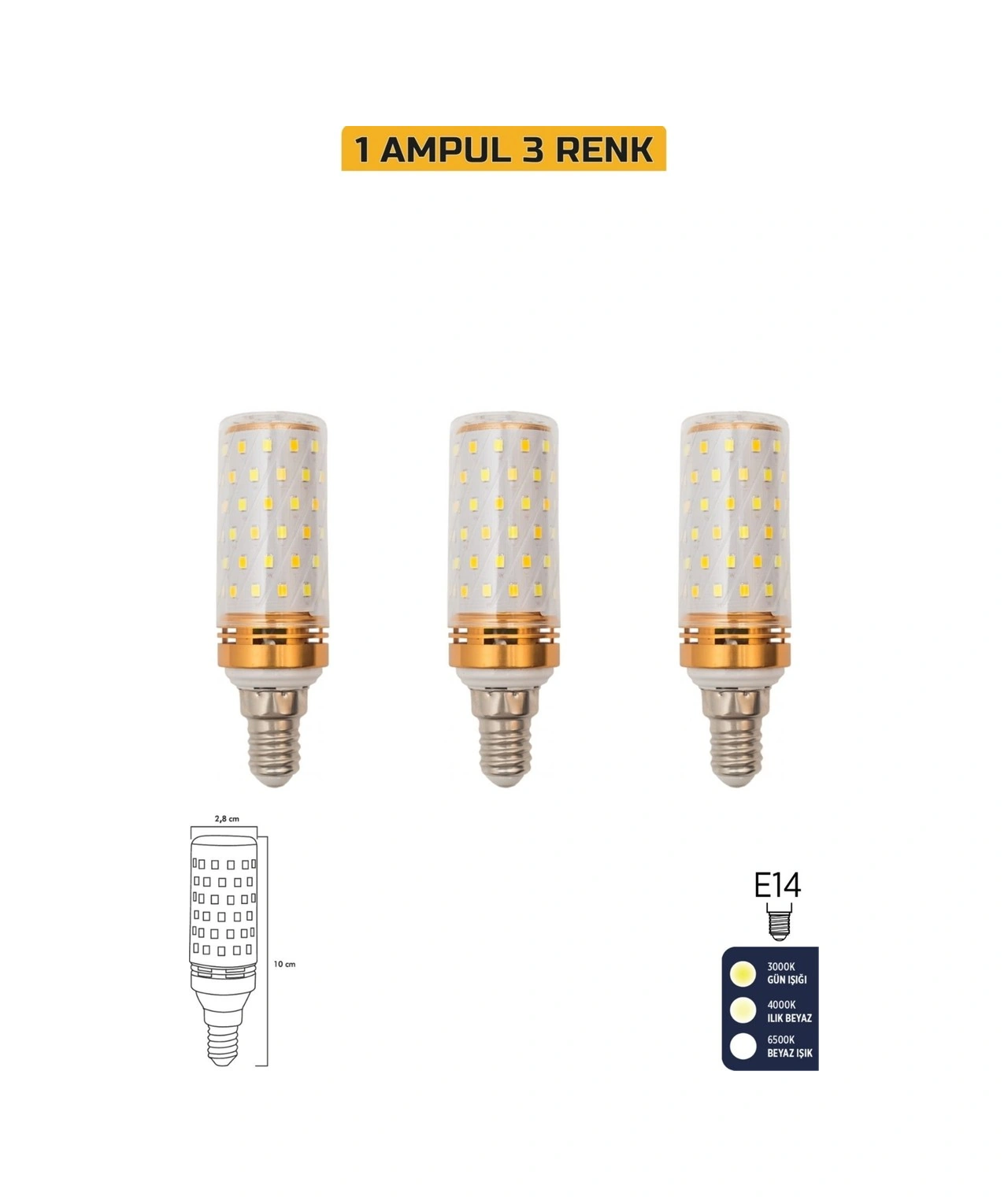 Mısır Şeffaf 10w Üç Renkli E14 Led 3'lü Ampul Erd-306
