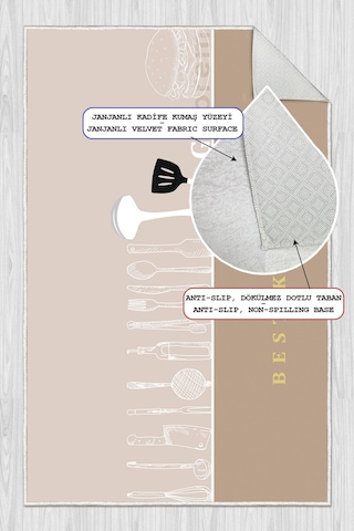 Dijital Baskılı Dekoratif Kaymaz Taban Yıkanabilir Halı Best Kıtchen Desenli Utfak Halısı Yolluk Salon Halısı Krem