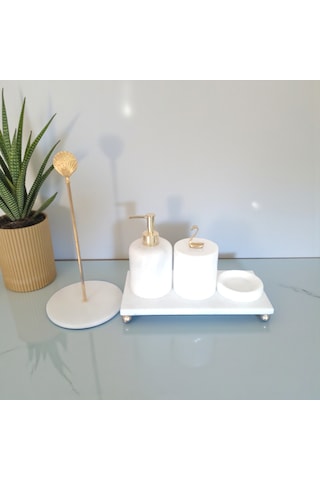 Doğal Beyaz Mermer Banyo Ve Lavabo Düzenleyici 5 Li Set Gold Aksesuarlı Beyaz
