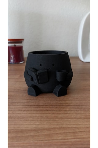 3d Baskı Kitap Okuyan Saksı - Kupa Tutan Sevimli Saksı-siyah Belirtilmemis