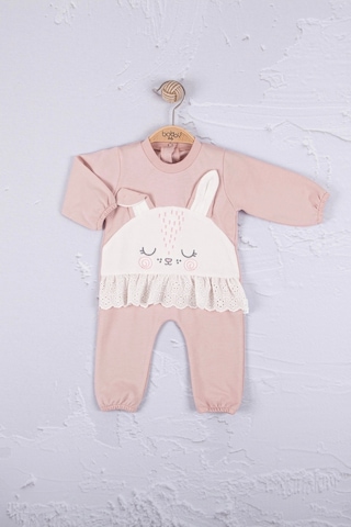 Tavşan Nakışlı Güpürlü % 100 Pamuk Kız Bebek Tulum Gülkurusu